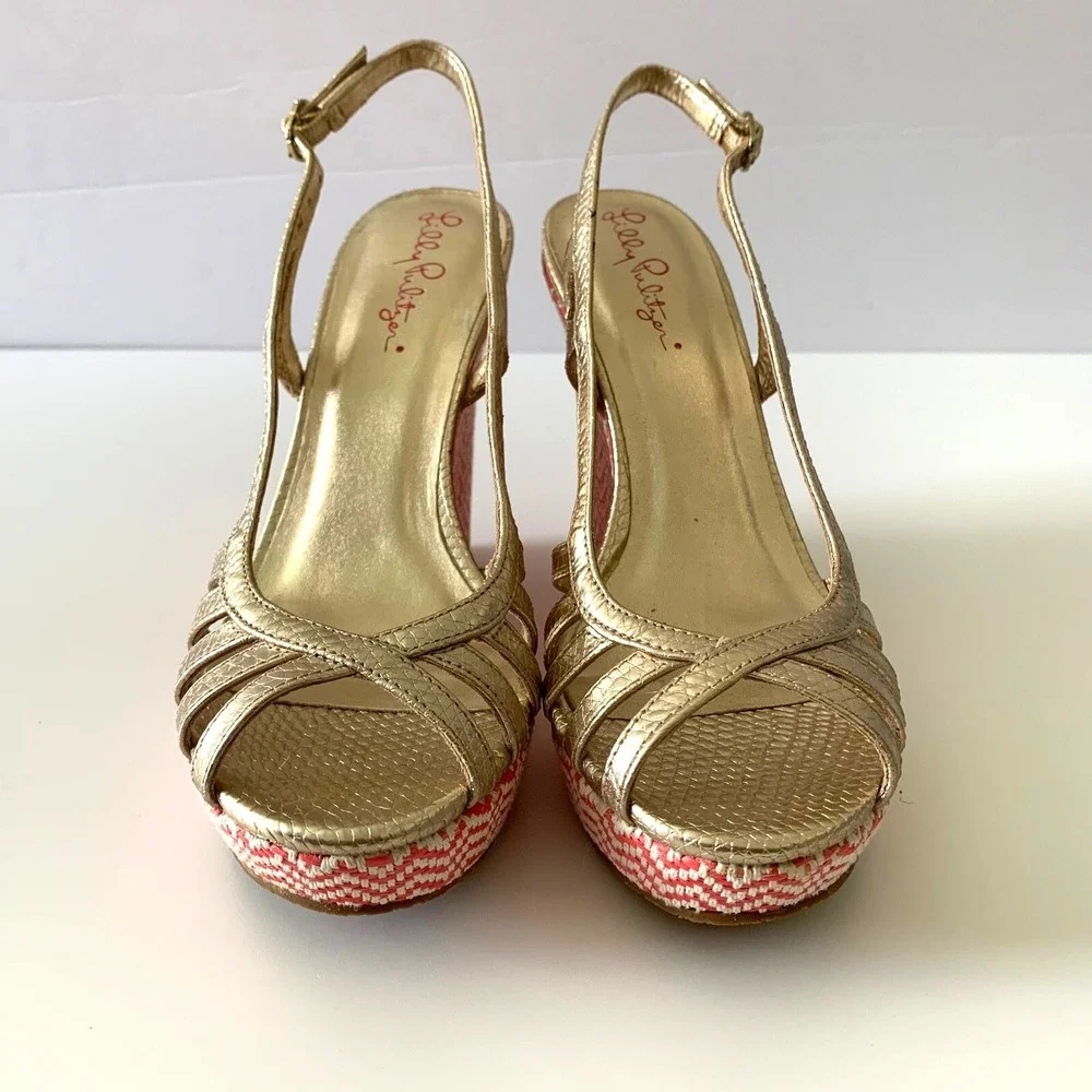 New‎ Lilly Pulitzer Sophie Gold Metallic Leather Raffia Wedge Platform Sandals 6